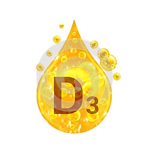 Vitamin D3. Images golden drop and balls with oxygen bubbles. Health concept. Isolated on white background
