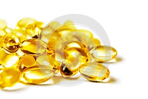 Vitamin D3, omega 3 fish oil supplement softgel capsules isolated on white background