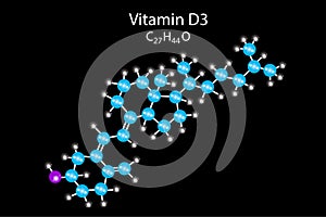 Vitamin D3 skeletal formula. Cholecalciferol molecular structure. Black background. Vector illustration. Stock image.