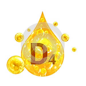 Vitamin D4. Images golden drop and balls with oxygen bubbles. Health concept. Isolated on white background