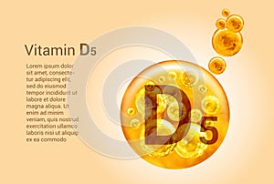 Vitamin D5. Baner with vector images of golden balls with oxygen bubbles. Health concept