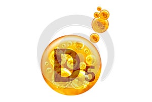 Vitamin D5 capsule. Golden balls with bubbles isolated on white background. Healthy lifestyle concept