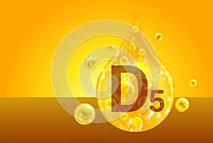 Vitamin D5. Golden drops with oxygen bubbles. Health concept