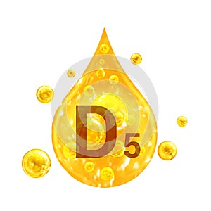 Vitamin D5. Images golden drop and balls with oxygen bubbles. Health concept. Isolated on white background