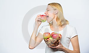 Vitamin diet. Nature. farming green life. healthy food. autumn harvest. Spring seasonal fruit. Happy woman eating apple