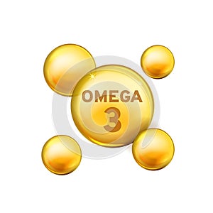 Vitamin drop. Omega 3 fish oil capsule, gold essence organic nutrition element. 3d yellow bubbles with text. Pharmacy