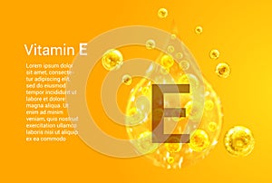 Vitamin E. Baner with vector images of golden drops with oxygen bubbles. Health concept