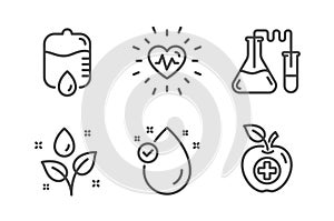 Vitamin e, Chemistry lab and Plants watering icons set. Heartbeat, Drop counter and Medical food signs. Vector