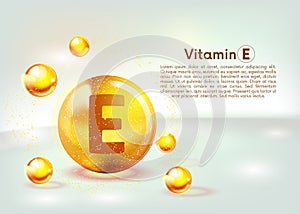 Vitamin E gold shining icon. Ascorbic acid. Shining golden substance drop. Nutrition skin care. Vector