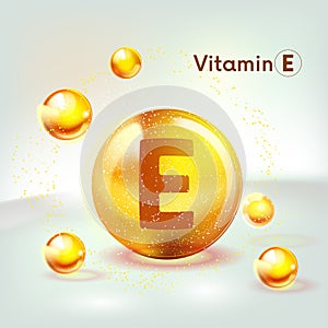 Vitamin E gold shining icon. Ascorbic acid. Shining golden substance drop. Nutrition skin care. Vector