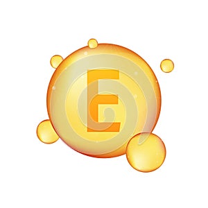 Vitamin E gold shining icon. Ascorbic acid. Vector stock illustration