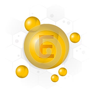 Vitamin E icon. Golden bubble on hexagon background. Vector