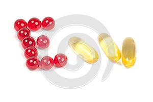 Vitamin e letter and cod liver oil capsules