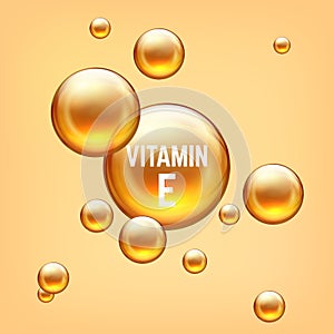 Vitamin E realictic 3D bubble. Golden emulsion balls collagen or gel. Vector illustration isolated bubbles liquid serum