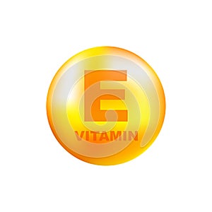 Vitamin E with realistic drop on gray background. Particles of vitamins in the middle. Vector illustration.