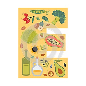 Vitamin E sources food in E letter shape. Fruits, vegetables, nuts, berries and oils set. Isolated cartoon vector