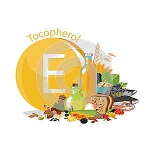 Vitamin E or Tocopherol. Food sources. Natural organic foods with high vitamin content