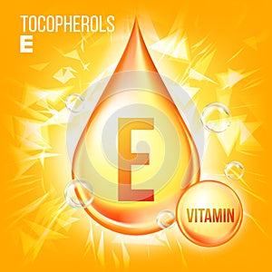 Vitamin E Tocopherols Vector. Vitamin Gold Oil Drop Icon. Organic Gold Droplet Icon. Medicine Liquid. For Beauty