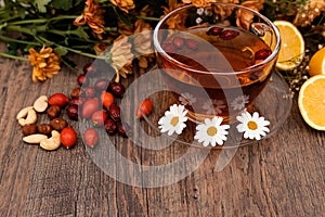 Vitamin fruit tea made from rosehip and lemons. Prevention of influenza