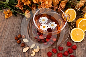 Vitamin fruit tea made from rosehip and lemons. Prevention of influenza