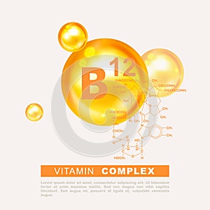 Vitamin gold shining pill capsule icon. Nutrition sign vector concept. The power of vitamin B12. Chemical formula. Cyanocobalamin