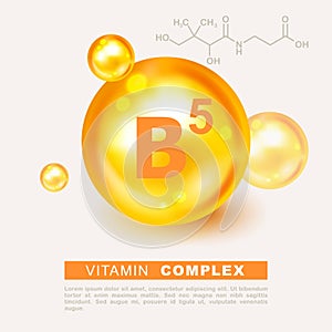 Vitamin gold shining pill capsule icon. Nutrition sign vector concept. The power of vitamin B5. Chemical formula. Pantothenic acid