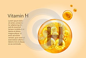 Vitamin H. Baner with vector images of golden balls with oxygen bubbles. Health concept