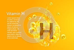 Vitamin H. Baner with vector images of golden drops with oxygen bubbles. Health concept