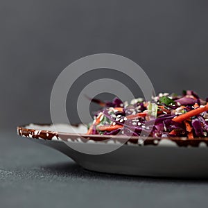 Vitamin Healthy food. Mixed fresh salad of red cabbage, carrots or pamkin, herbs and sesame seeds. Side view of