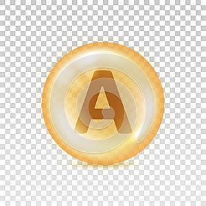 Vitamin A icon. Yellow orb pill isolated on transparent background. Big shape glass circle. Realistic oil 3d bubble. Round sphere