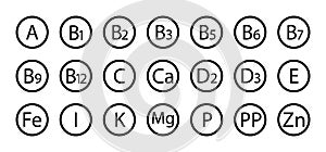 Vitamin icons. Complex vitamins for supplement. Set of round icons of a, b7, d, c, b3, e, b5, b12, b1, b2, b6, k, b, d3, b9, ca,