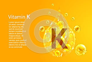 Vitamin K. Baner with vector images of golden drops with oxygen bubbles. Health concept