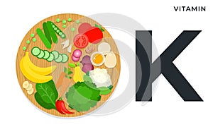 Vitamin K food sources flat vector illustration. Diet healthy food and wellbeing concept.