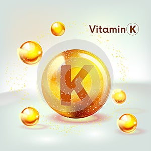 Vitamin K gold shining icon. Ascorbic acid. Shining golden substance drop. Nutrition skin care. Vector