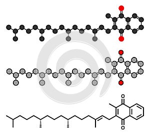 Vitamin K K1, phylloquinone, phytomenadione molecule. Stylized 2D rendering and conventional skeletal formula. photo