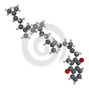 Vitamin K2 or menaquinone molecule. 3D rendering. Atoms are represented as spheres with conventional color coding: hydrogen white