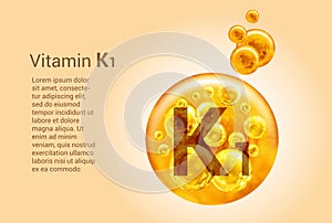 Vitamin K1. Baner with vector images of golden balls with oxygen bubbles. Health concept