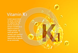 Vitamin K1. Baner with vector images of golden drops with oxygen bubbles. Health concept