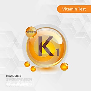 Vitamin K1 gold shining pill capcule icon, cholecalciferol. golden Vitamin complex with Chemical formula substance drop. Medical f