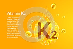 Vitamin K2. Baner with vector images of golden drops with oxygen bubbles. Health concept