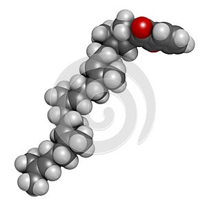 Vitamin K2 or menaquinone molecule. 3D rendering. Atoms are represented as spheres with conventional color coding: hydrogen white