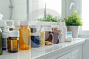 Vitamin, medication, supplement pain pill bottles on white bathroom countertop