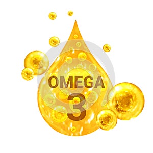 Vitamin OMEGA 3. Images golden drop and balls with oxygen bubbles. Health concept. Isolated on white background