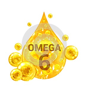 Vitamin OMEGA 6. Images golden drop and balls with oxygen bubbles. Health concept. Isolated on white background