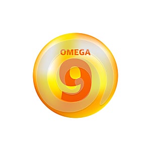 Vitamin omega 9 with realistic drop on gray background. Particles of vitamins in the middle. Vector illustration.