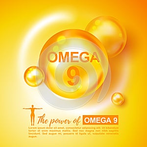 Vitamin Omega 9 vector illustration. Vitamin Omega-9 Fatty Acids gold shining pill. Omega-9. Vitamin complex with Chemical formula