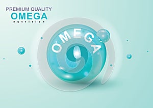Vitamin Omega 9 vector illustration. Vitamin Omega-9 Fatty Acids shining pill. Omega-9. Vitamin complex with Chemical formula