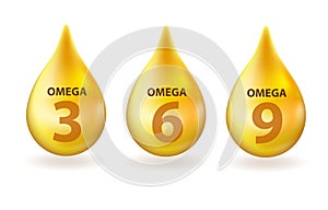 Vitamin Omega 3, 6, 9 drop realistic 3d style. Fish fat. Healthy lifestyle vector concept photo