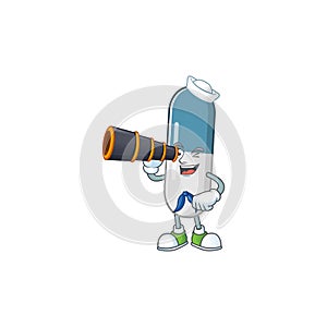 Vitamin pills in Sailor cartoon character style using a binocular