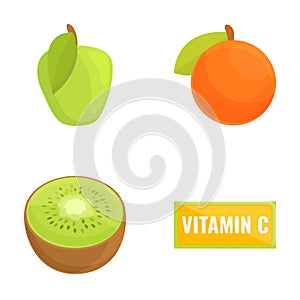 Vitamin product icons set cartoon vector. Fruit enriched with ascorbic acid
